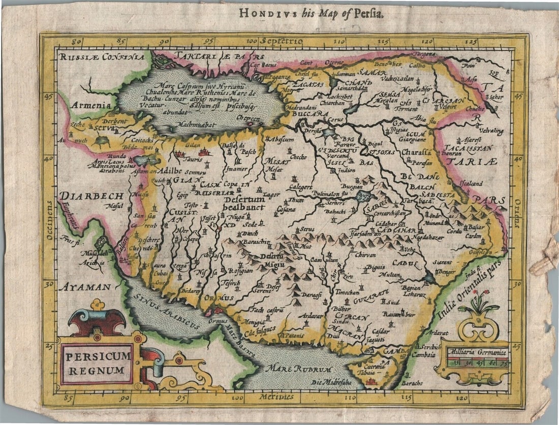1630 MAP OF PERSIA copper engraving ANTIQUE from English Mercator-Hondius Atlas: Decorative hand colored copper engraving map of PERSIA From an English Edition of the Mercator-Hondius Atlas. Amsterdam; 1630 size 5 1/2 by 7" (including margins 6 1/4 by 7 3/4") Henricus Hondius (159