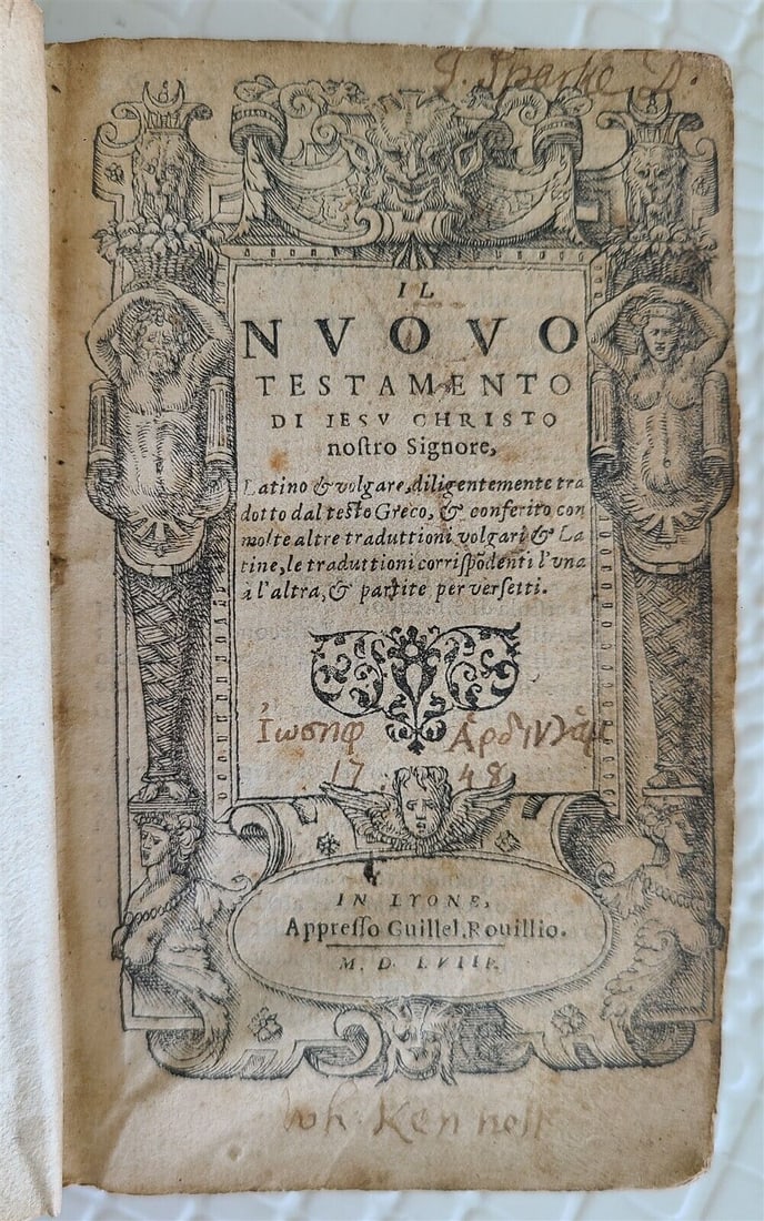 1558 BIBLE in ITALIAN antique NEW TESTAMENT 16th century SCARCE Nuovo Testamento: Il Nuovo Testamento di Jesu Christo nostro signore, Latino et volgare, diligentemente tradotto dal testo Greco, et conferito con molte altre traduttioni volgari et Latine, le traduttioni corrispondent