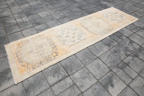 2' x 9' Vintage Turkish Runner Rug - 4157: Title: 2' x 9' Vintage Turkish Runner Rug - 4157 Description: Vintage Turkish Runner Rug Handmade, handwoven with traditional technique. Low pile, soft rug. Rug Condition: Fully cleaned and ready to u