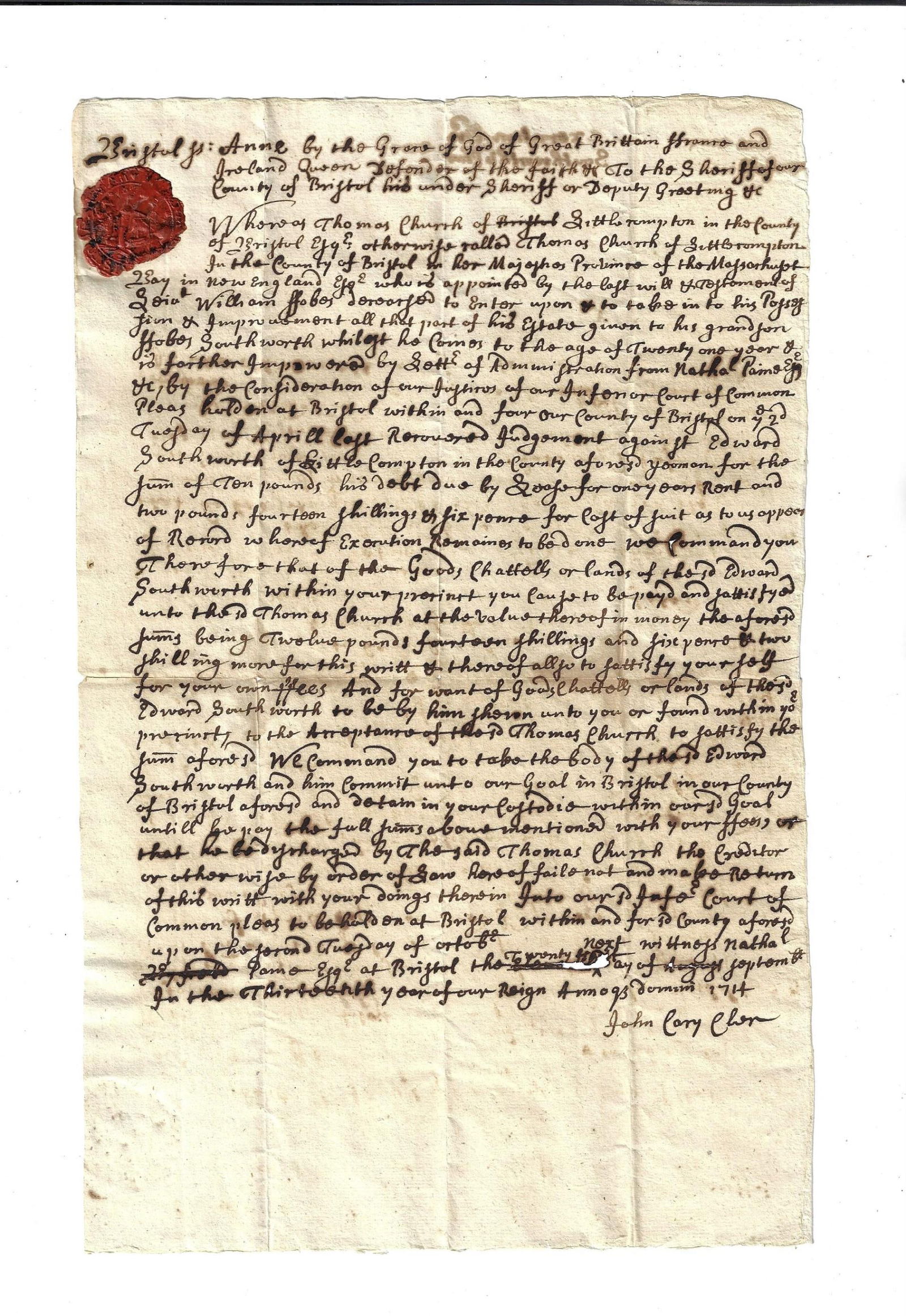 1714 Colonial Manuscript Judgement Fine Seal (1 of 2)