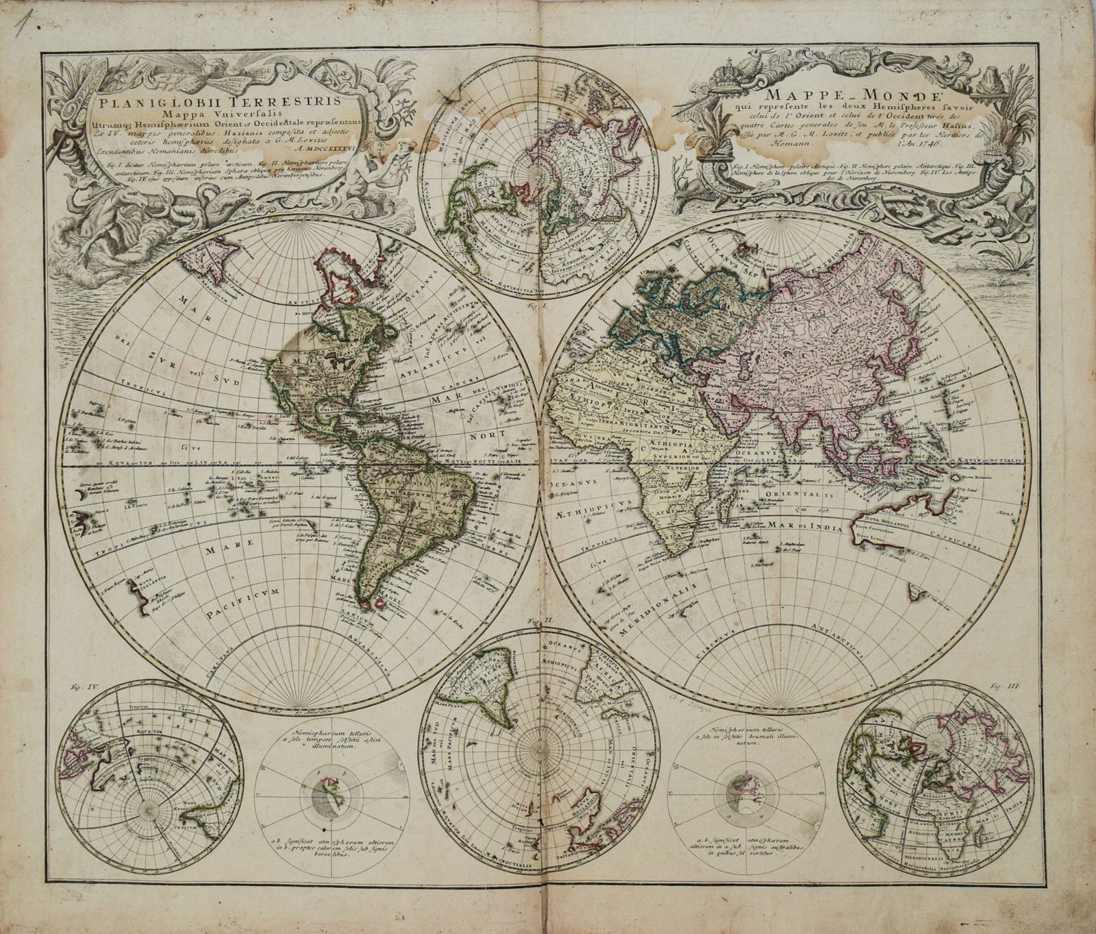 1753 Homann World Map -- Planiglobii Terrestris Mappa Universalis utrumque Hemisphaerium Orient et (1 of 1)