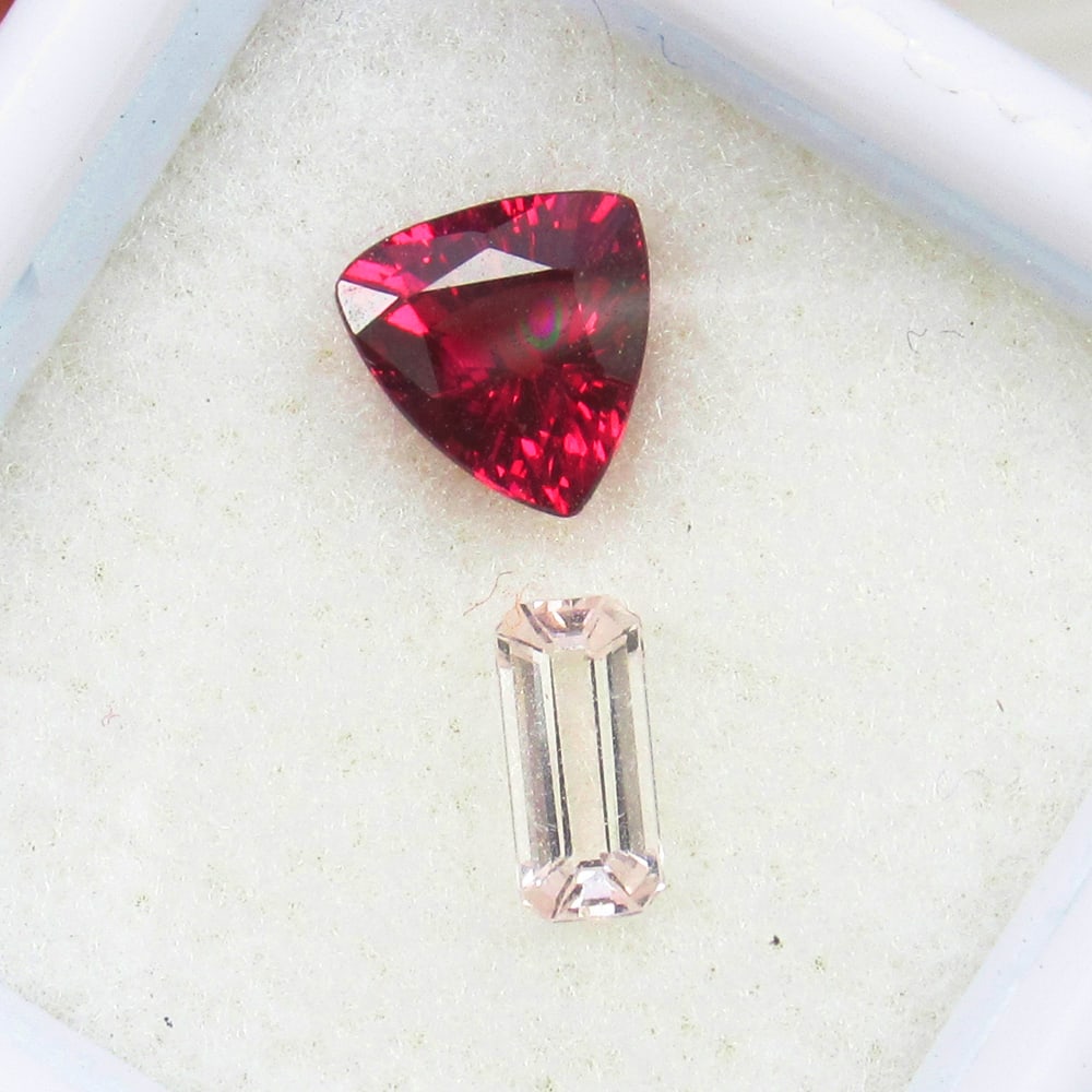Natural Morganite & Garnet - 1.39 Ct: No Reserve! Title: Natural Morganite & Garnet - 1.39 Ct Origin: Brazil Weight:1.39 Size/materials: 6.3x6.3&6.3x3.1 mm Description:Pieces : 2 No's / Shape : Trillion & Octagon Cut / Color : Pink / Clar