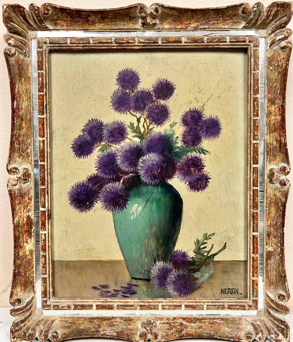 Vintage French Signed Oil Purple Flowers Teal Vase Original Mirror Frame (1 of 18)