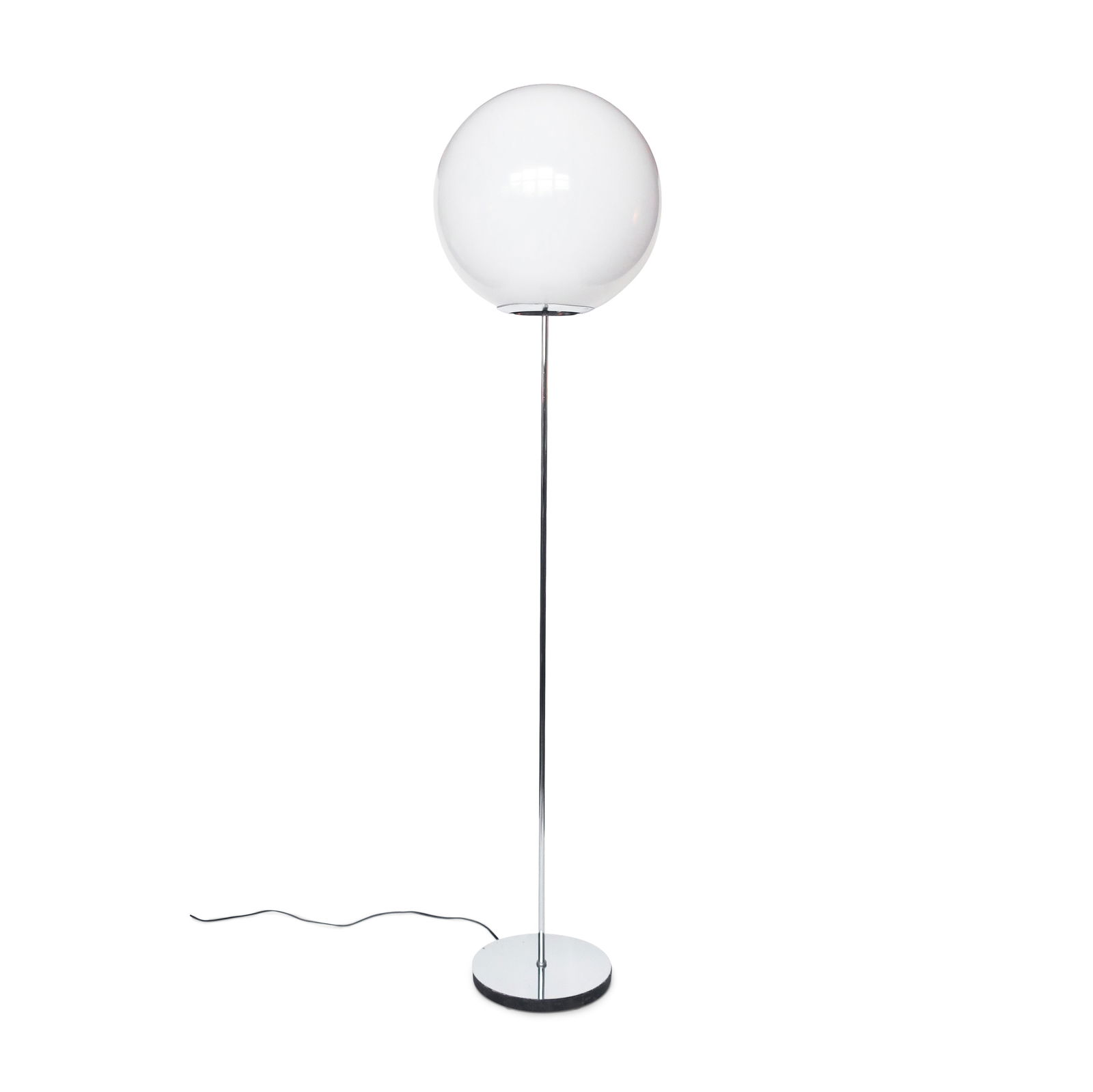 Vintage Chrome Lollipop Floor Lamp: A beautiful mid-century modern floor lamp with white plastic globe shade in the style of Robert Sonneman and Neal Small. Includes a spherical light-diffusing plastic shade (much safer than a glass sha
