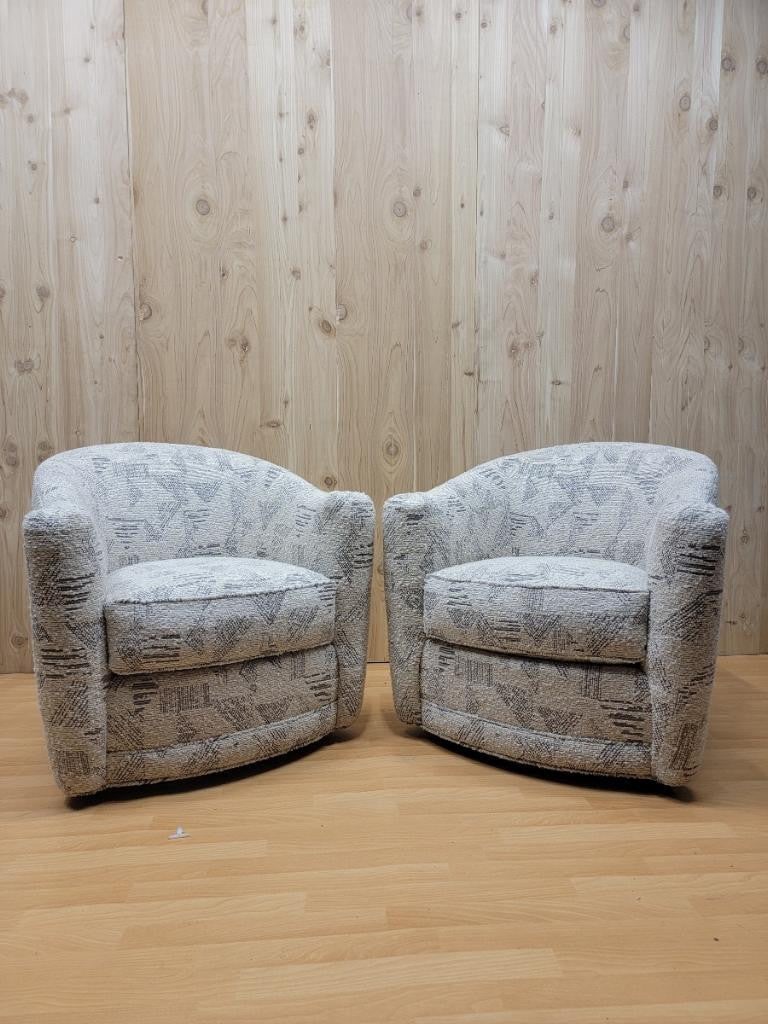 Mid Century French Modern Style Barrel Back Swivel Flared Armchairs by Kravet Newly Upholstered - (1 of 11)