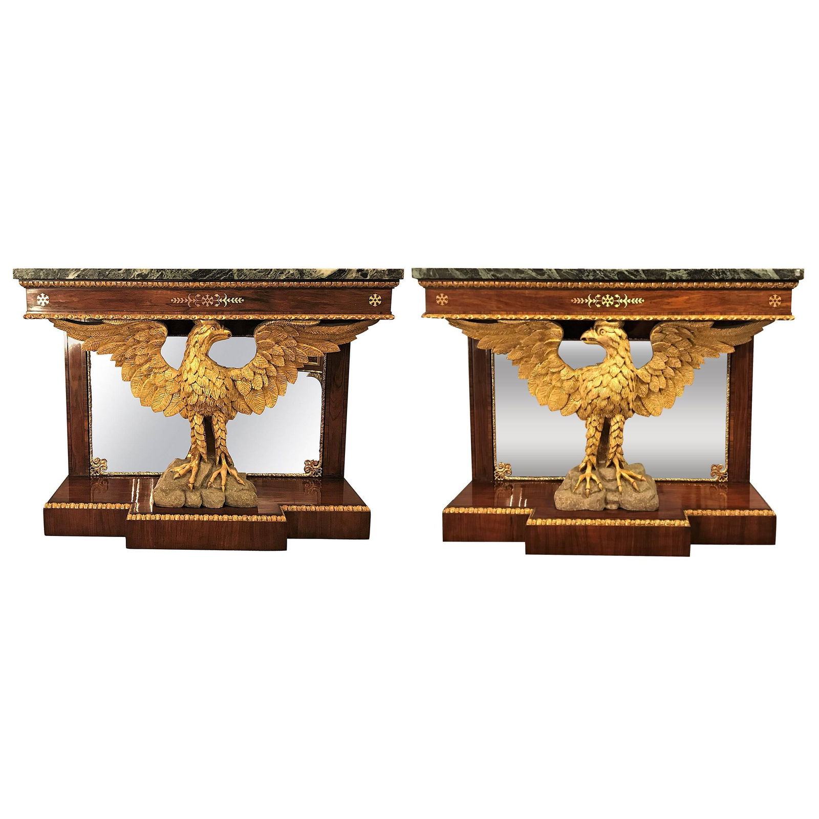 Pair of Monumental Federal Style Console Table with Carved Opposing Eagles: Title: Pair of Monumental Federal Style Console Table with Carved Opposing Eagles Description: A fine pair of monumental Federal style console tables each having boule inlays and carved opposing eagle