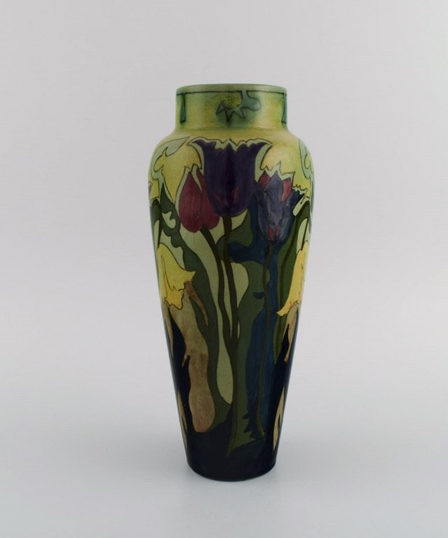Zuid-Holland, Gouda. Antique art nouveau vase in glazed ceramics with hand-painted flowers and (1 of 7)
