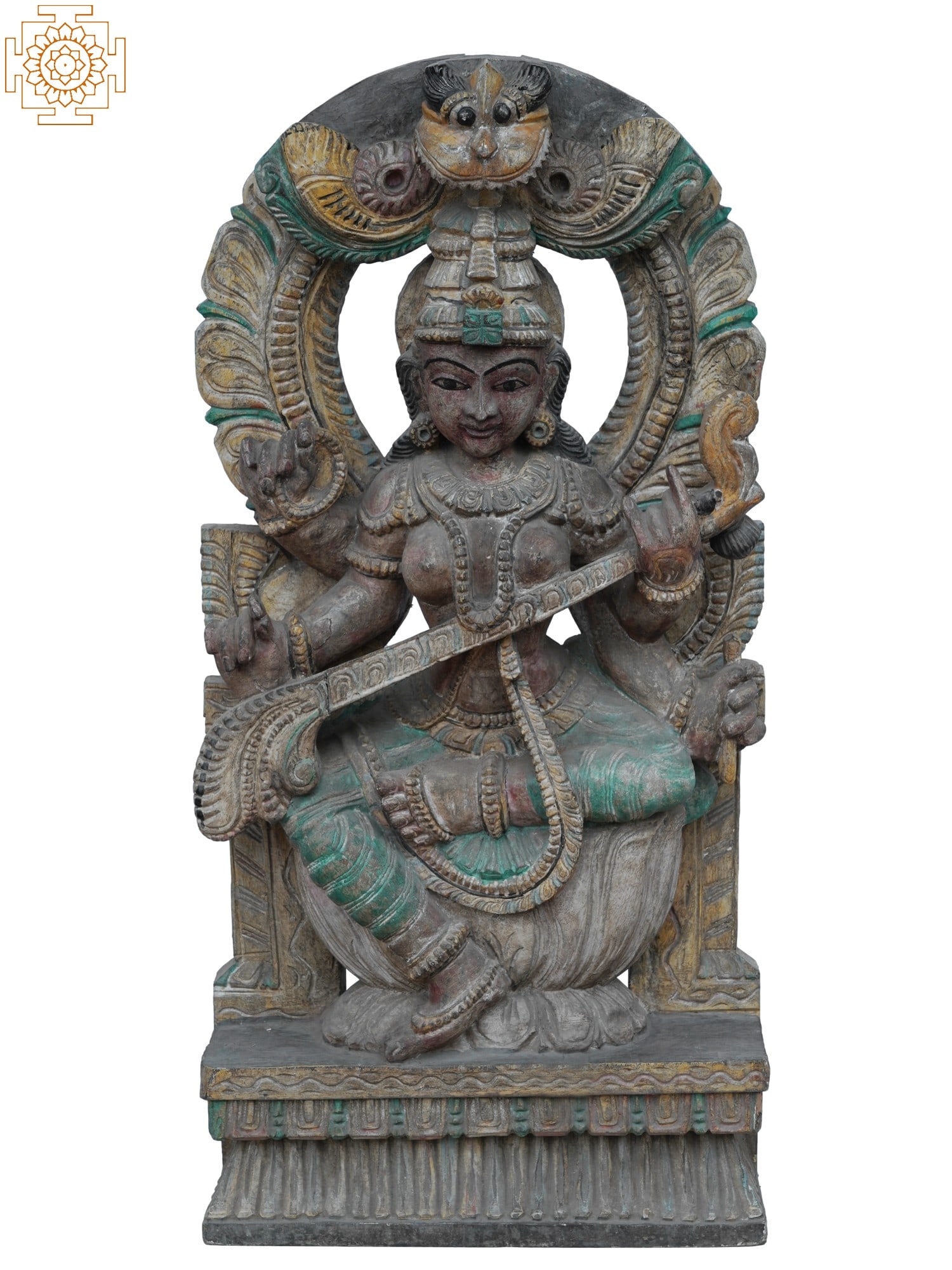 30" Large Goddess Saraswati Playing Sitar Seated On lotus | Wooden Statue: 30.00 inch Height X 14.00 inch Width X 5.00 inch Depth Reserve: $792.00 Shipping: Domestic: Shipping rates are determined by destination International: Foreign shipping rates are determined by destina