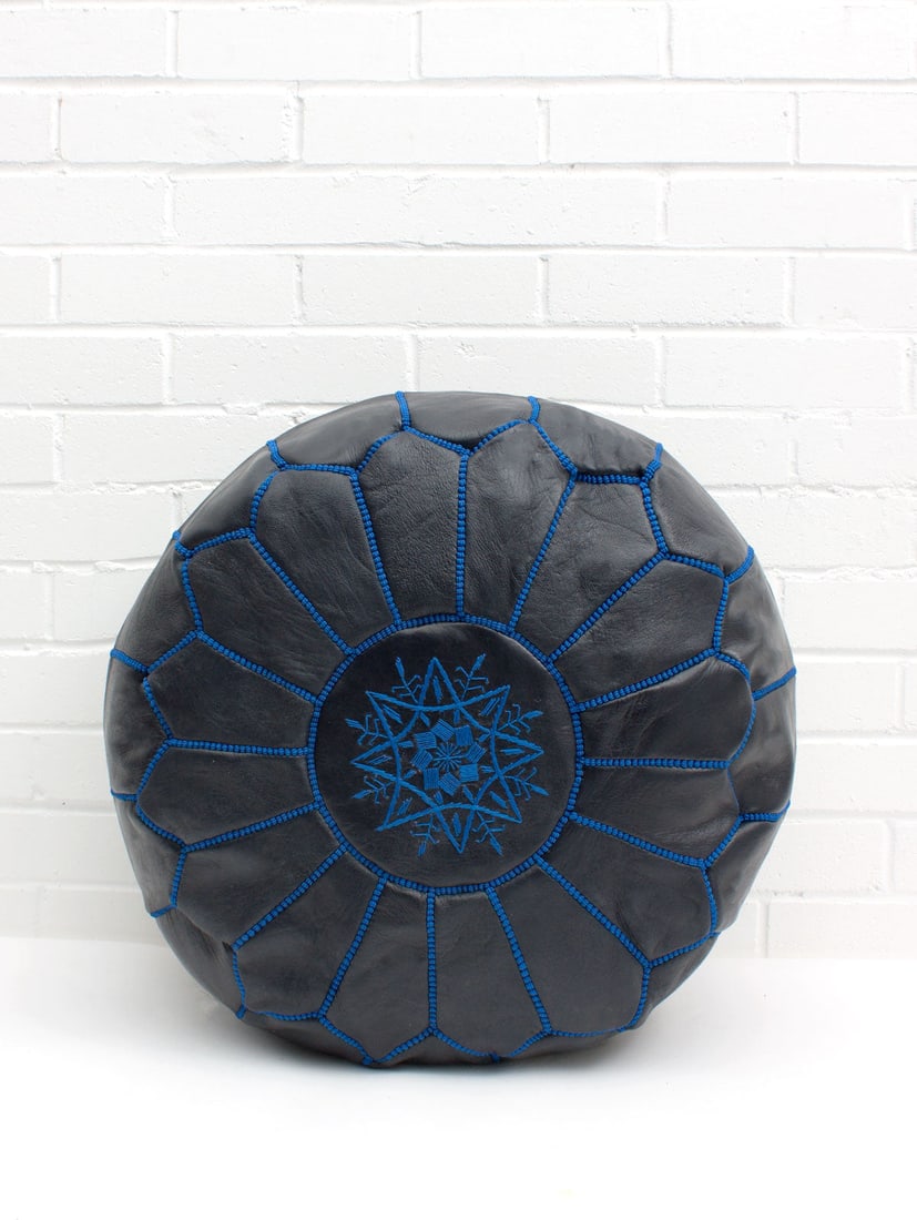Moroccan Leather Pouffe, Deep Indigo (1 of 2)