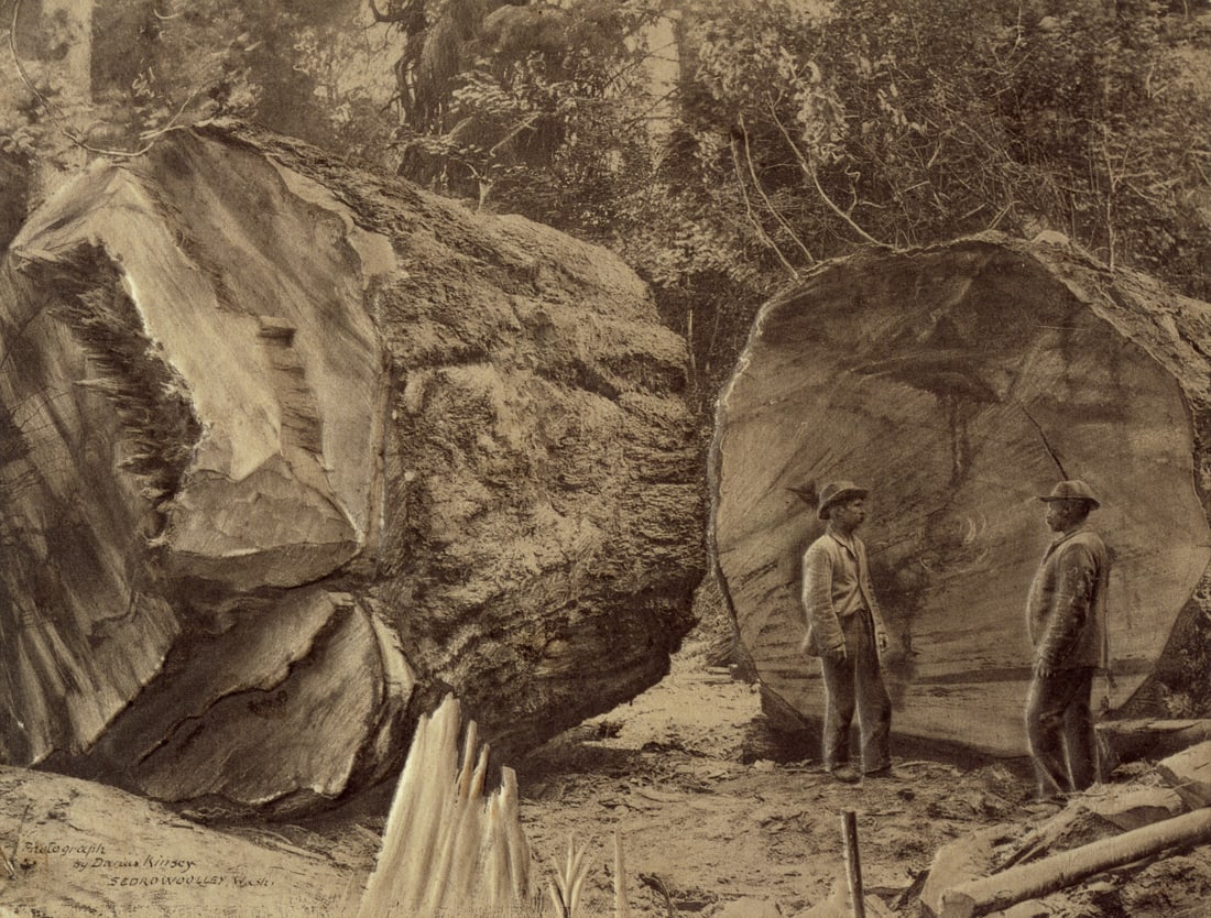 DARIUS KINSEY - Two Loggers, Washington State, 1910: Artist: Darius Kinsey Title: Two Loggers, Washington State, 1910 Medium: Photo Litho, 2001, Netherlands Dimensions: 7.15x5.4" Description: Heat Wax Mounted on 8.5x11" Conservation Board Reserve: $35.0