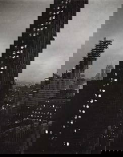 ALFRED STIEGLITZ - Evening, NY from the Shelton 1931: Artist: Alfred Stieglitz Title: Evening, New York from the Shelton, 1931 Medium: Photo Litho, 1973, USA Dimensions: 6.45x8.25" Description: Heat Wax Mounted on 8.5x11" Conservation Board Artist Bio: A