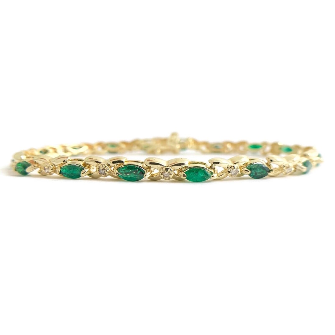Marquise Green Emerald Diamond Tennis Bracelet 14K Yellow Gold 3.12 CTW, 8.32 Gr (1 of 7)