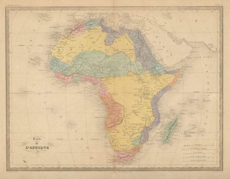 Carte de L'Afrique. Map of Africa. Takrur Guinea Congo. MALTE-BRUN c1871: TITLE/CONTENT OF MAP: 'Carte de l'Afrique [Map of Africa]' DATE PRINTED: c1871 IMAGE SIZE: Approx 35.0 x 45.0cm, 13.75 x 17.75 inches (Large); Please note that this is a folding map. TYPE: Antique 19t