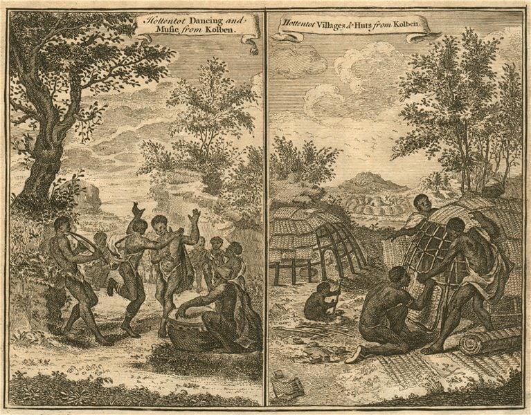 SOUTHERN AFRICA. Hottentot (Khoikhoi). Dancing Music Villages Huts. KOLBEN 1746: CAPTION PRINTED BELOW PICTURE: 'Hottentot Dancing and Music from Kolben; Hottentot Villages & Huts from Kolben' DATE PRINTED: 1746 IMAGE SIZE: Approx 15.5 x 19.5cm, 6 x 7.75 inches (Medium) TYPE: Anti