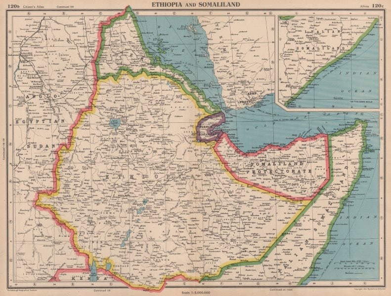 HORN OF AFRICA. Ethiopia French Somaliland Protectorate Somalia 1944 old map: TITLE/CONTENT OF MAP: 'Ethiopia and Somaliland' This map was printed in an atlas that was published during the Second World War. Many of the maps show the advance of the Axis powers including the domi