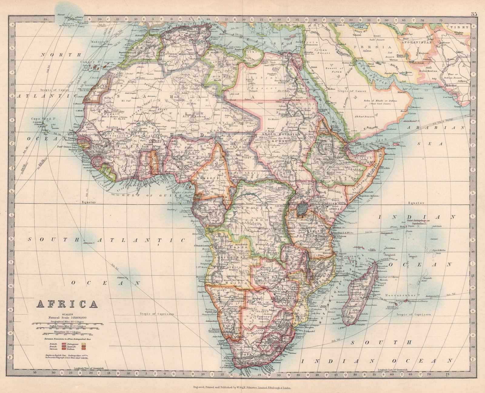 COLONIAL AFRICA. Kamerun borders reflect 1911 Treaty of Fez. JOHNSTON 1912 map: CAPTION PRINTED BELOW PICTURE: 'Africa' DATE PRINTED: 1912 IMAGE SIZE: Approx 35.5 x 44.0cm, 14 x 17.25 inches (Large); Please note that this is a folding map. TYPE: Antique colour atlas map; Scale 1:
