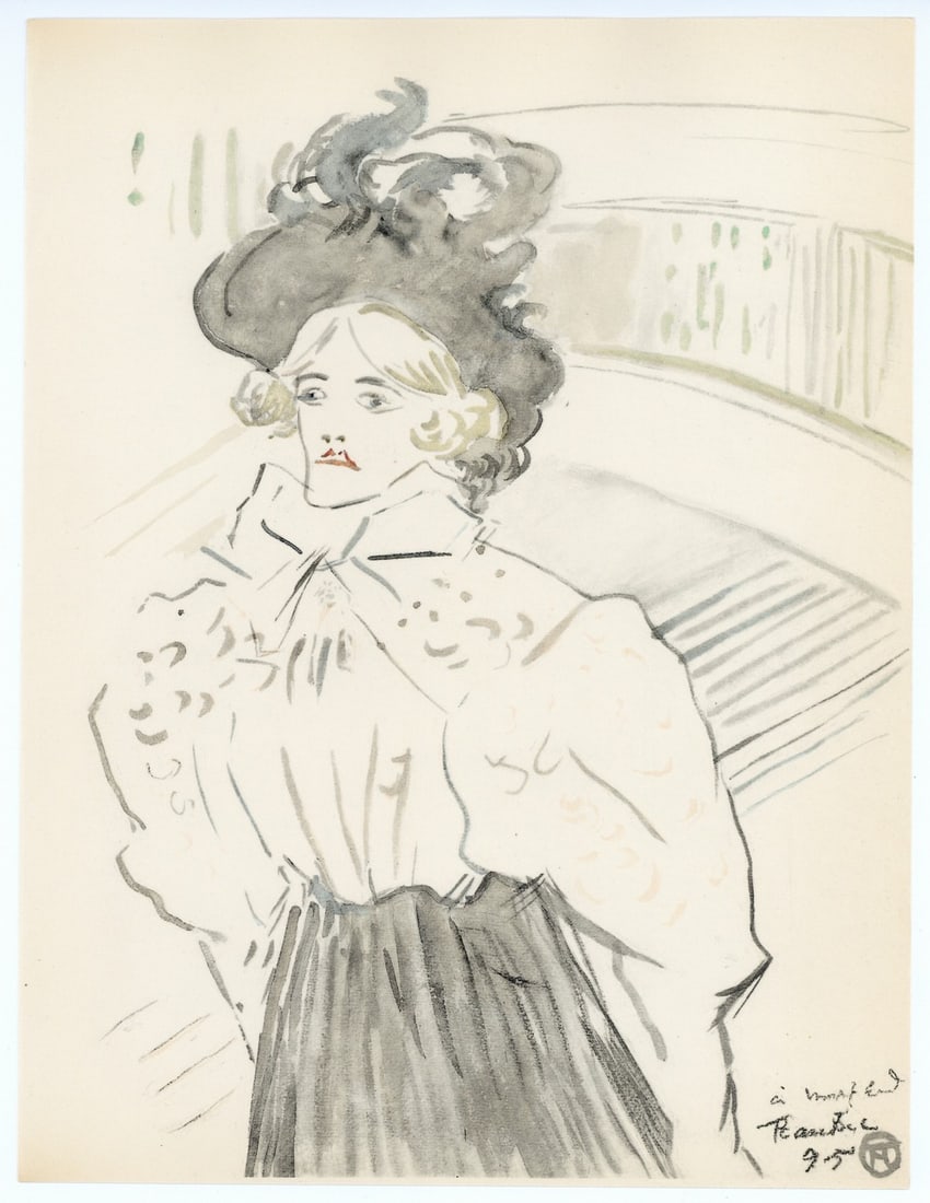 Toulouse-Lautrec lithograph "Femme a mi-corps": Medium: lithograph (after the watercolor). Printed in Paris in 1951 by the atelier Dreux-Barry in an edition of 1000. The full sheet measures 12 1/4 x 9 1/4 inches (310 x 236 mm). Signed in the plate 