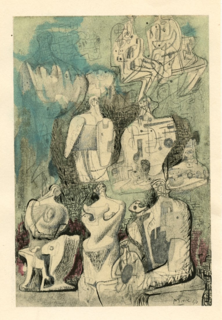 Henry Moore pochoir "Etude pour sculptures": Medium: pochoir (after the watercolor). Printed in Paris in 1957 at the atelier of Daniel Jacomet and published by the Berggruen Gallery for a rare catalogue. Image size: 5 3/4 x 3 7/8 inches (145 x 9