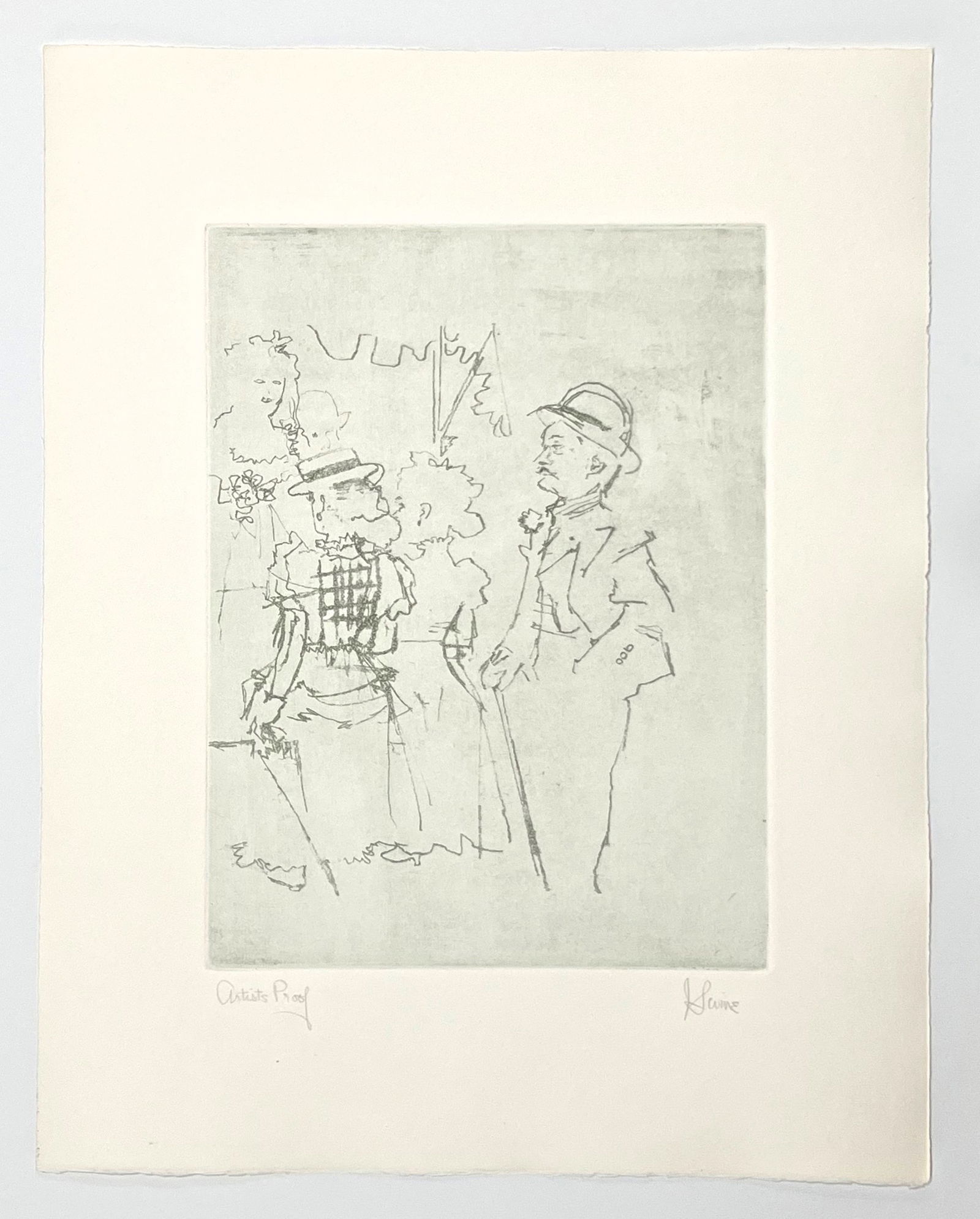 Jack Levine signed original etching "Mack sees Polly Peachum": Medium: original soft ground etching. Signed in pencil and annotated "Artist's Proof". Printed in 1967 for the Dreigroschen Film portfolio and published by Touchstone Publishers. This is one of 10 art