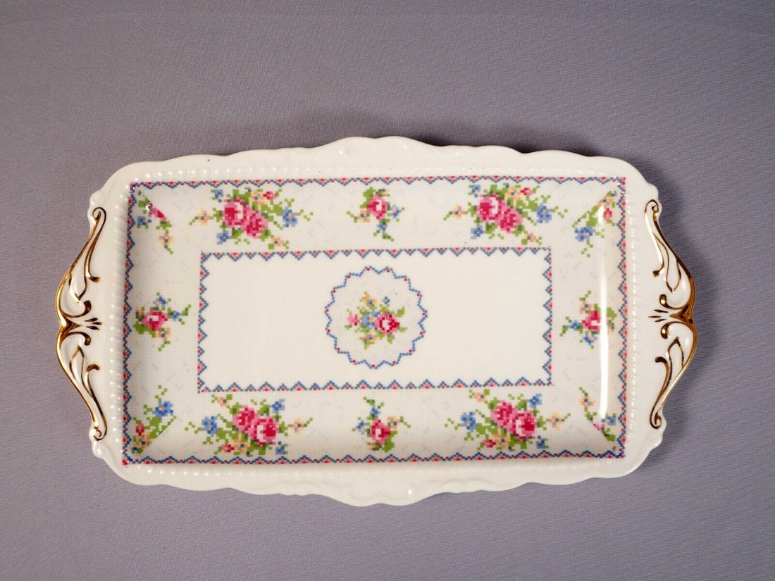 Royal Albert Bone China Petit Point Cake SANDWICH Snack TRAY DISH 1930s: This is a gorgeous Bone China Large Serving Snack Tray/Dish, from the famous Royal Albert Petit Point Collection - Made in England. The pattern has very pretty delicate cross stitch roses in blue, gre
