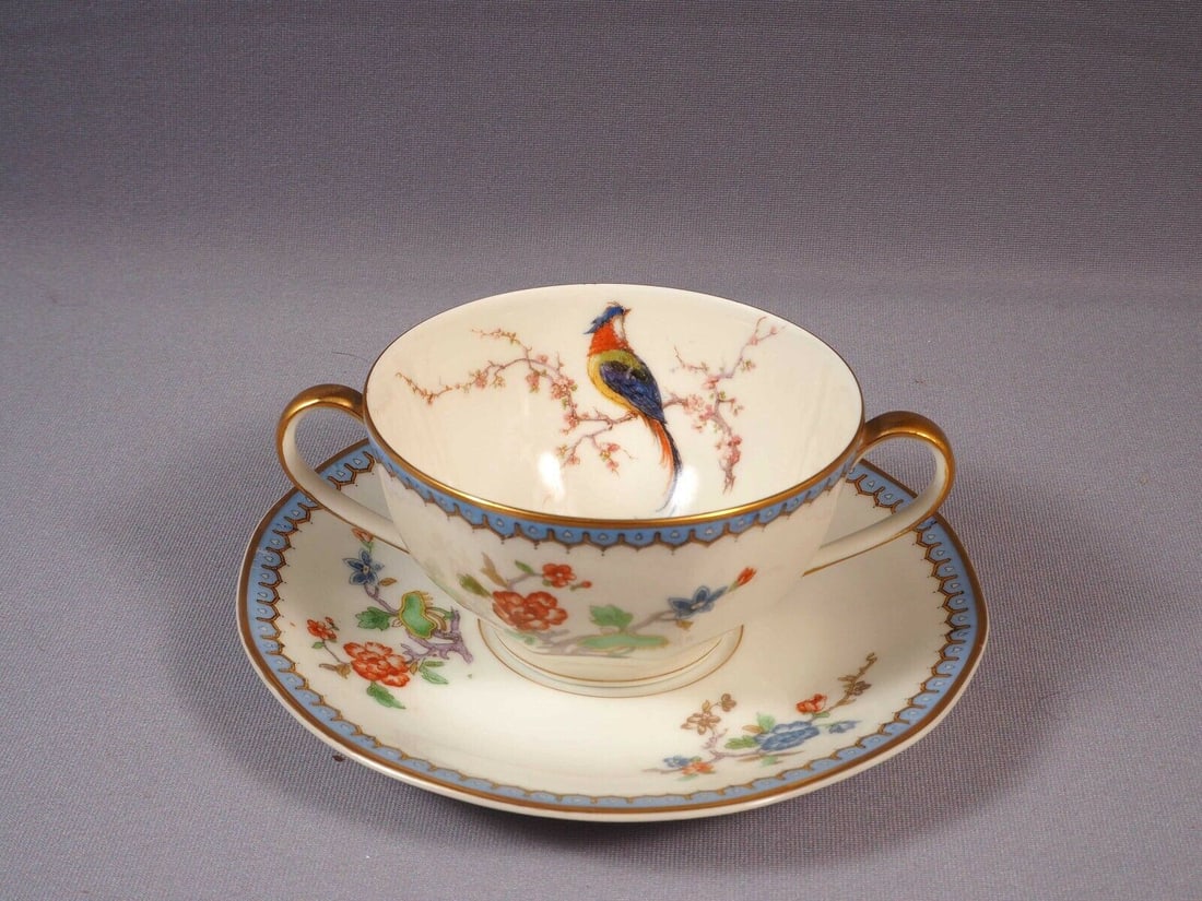 Limoges France HAVILAND PARADISE Cream Soup Bouillon Bowl Saucer Vintage Bird (1 of 6)