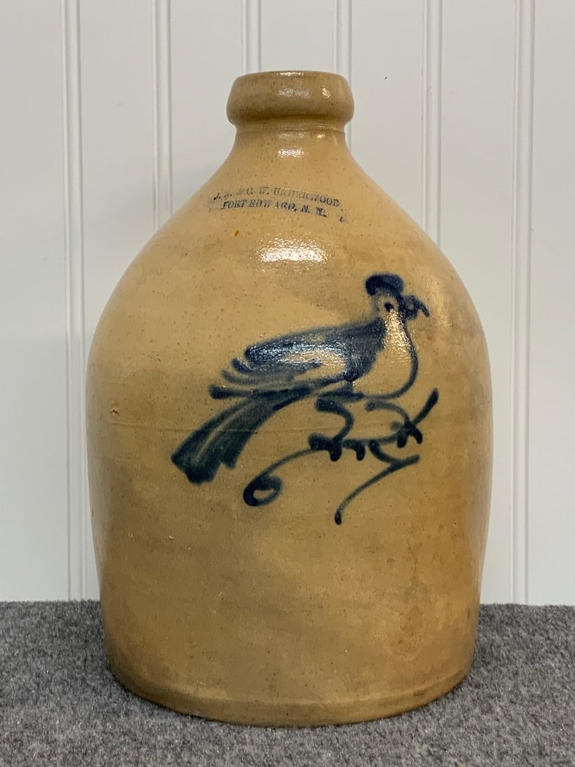 J.A. & C.W. UNDERWOOD / FORT EDWARD, N.Y., One-Gallon Stoneware Jug with Cobalt Bird (1 of 7)
