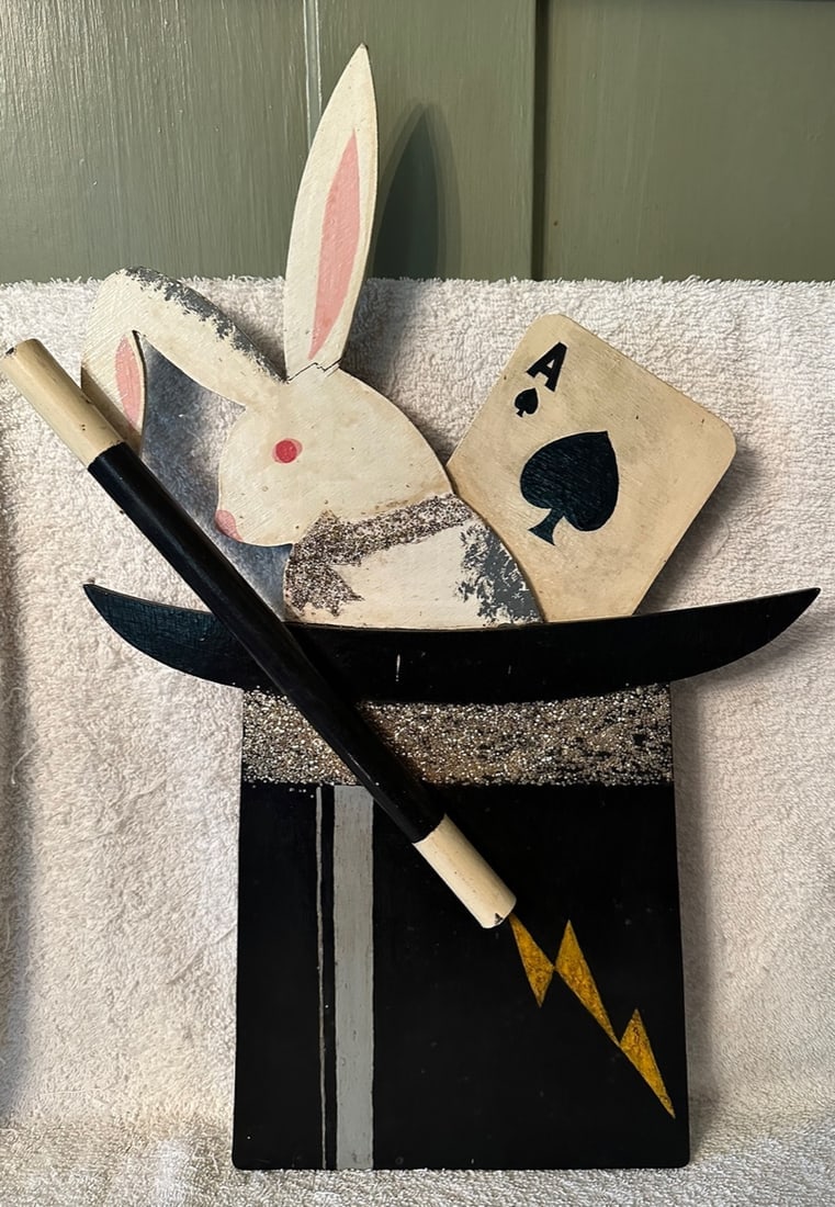 Wooden Magician’s Sign: A really “fun” wooden magician’s sign with a “magic” wand, rabbit poking out of a hat and a playing card. All pieces are made of wood (1/8” to 3/16”thick) except the wand