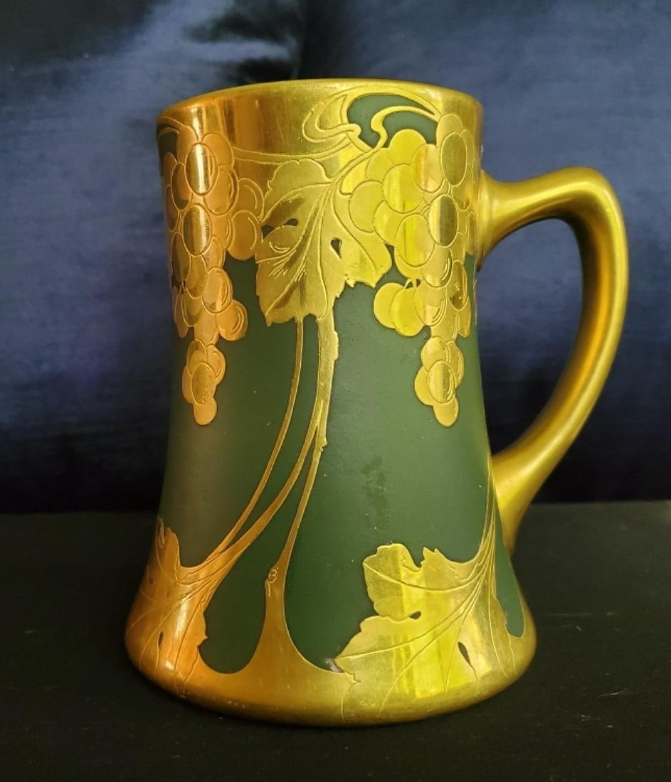 Rare 1899 Art Nouveau Limoges Mug: Title: Rare 1899 Art Nouveau Limoges Mug Date: 1899 Origin: France Material: Porcelain & Gold Dimension [INCHES]: 5.5" X 4.25" Provenance: Rare art nouveau Limoges mug made by Jean Pouyat in partnersh