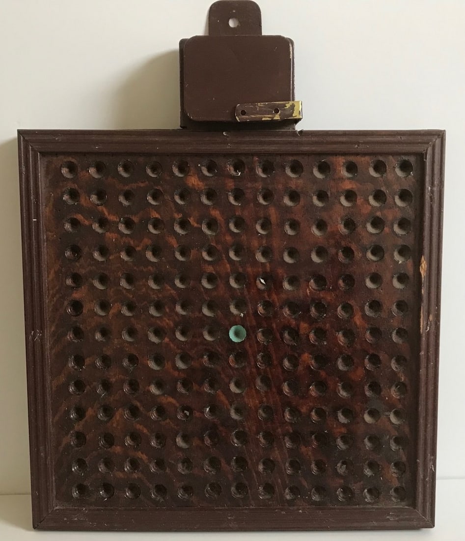 Old Gameboard for Marble Game: Here is a different Gameboard for playing marbles, finished in old reddish paint. It is nicely constructed with a fluted frame and has an attached tin box to hold the marbles (some included), which is