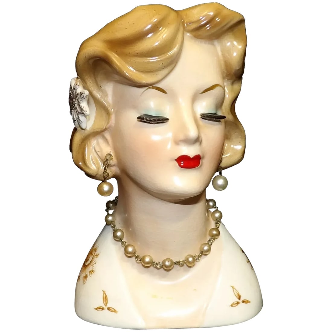 Nippon MCM Lady Head Vase with Original Pearl and Metal Necklace and Earrings (1 of 8)