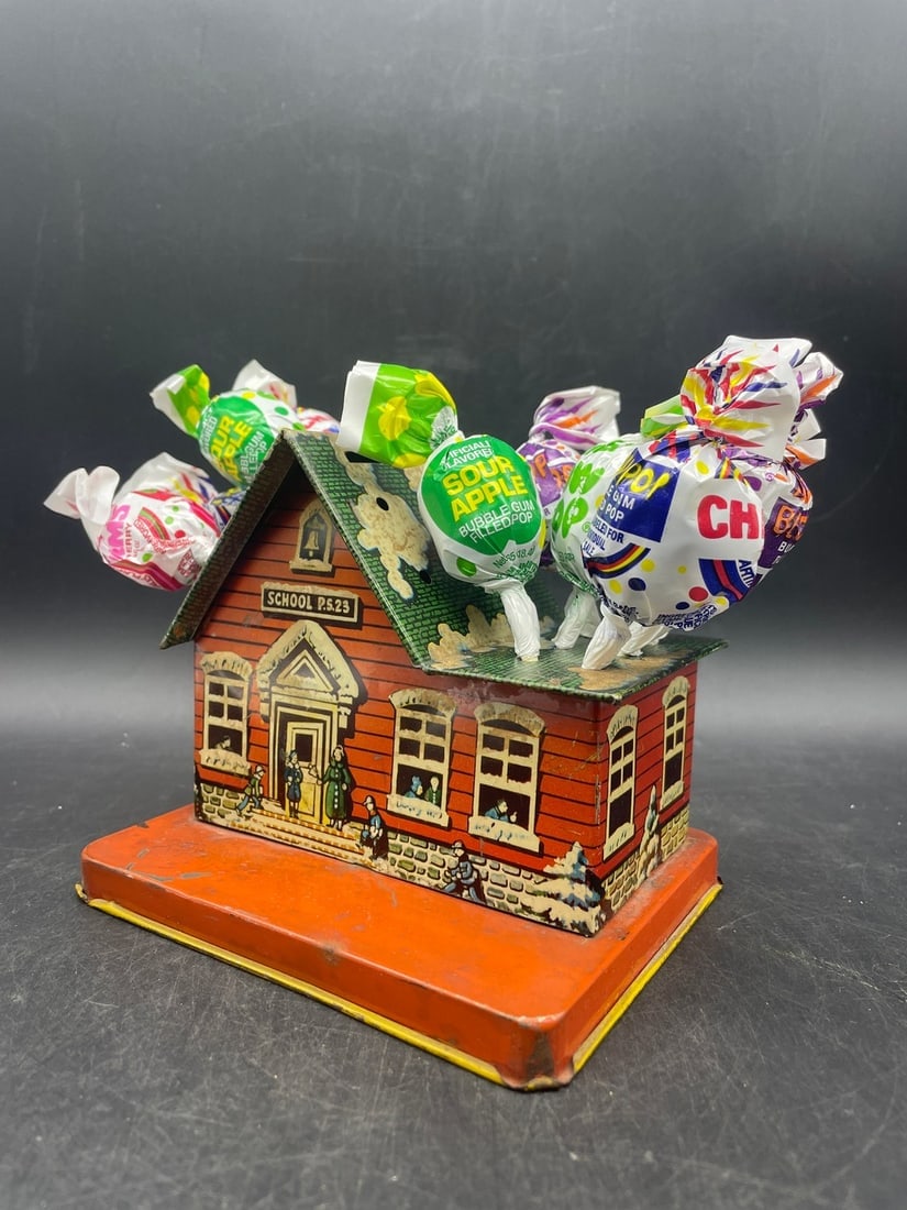 Vintage Tin Litho School House PS23 Bank/Lollipop Holder by US Metal Toy Mfg Co (1 of 8)