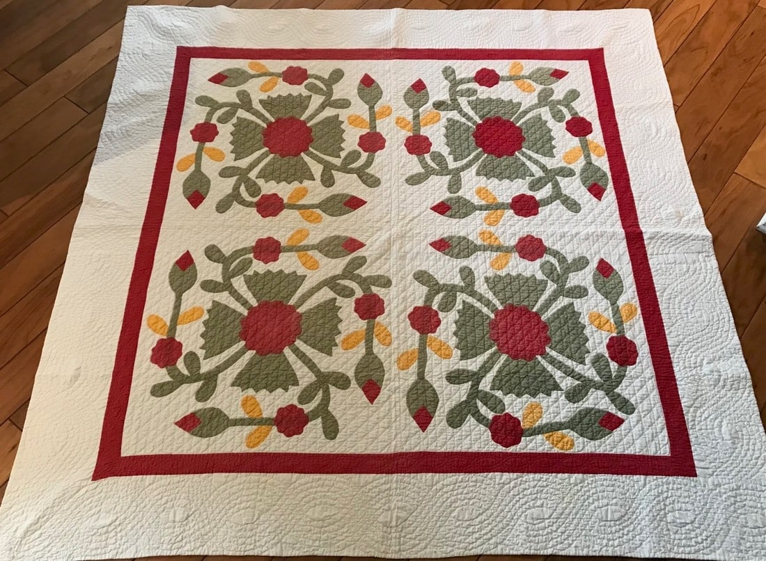 19th Century Appliqué Quilt: Very nice old quilt that displays graphically with the central motif of 4 medallions “framed” by a red border. Finely quilted and in excellent condition for its age: no tears, breaks, or stain