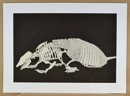 Original HIDEO TAKEDA print ALTAMIRA ARMADILLO signed numbered: Original silkscreen print “SIX-BANDED ARMADILLO” by Hideo Takeda (born 1948) from the Altamera series - one of a set of 10 prints each depicting an animal skeleton. Printed in 1994, signed