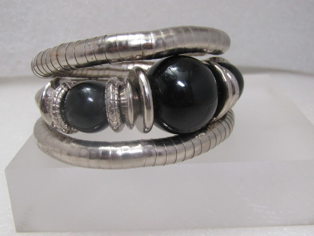 Vintage Tribal Coiled Bracelet, Black Beads, 6.75-8.75" (1 of 5)