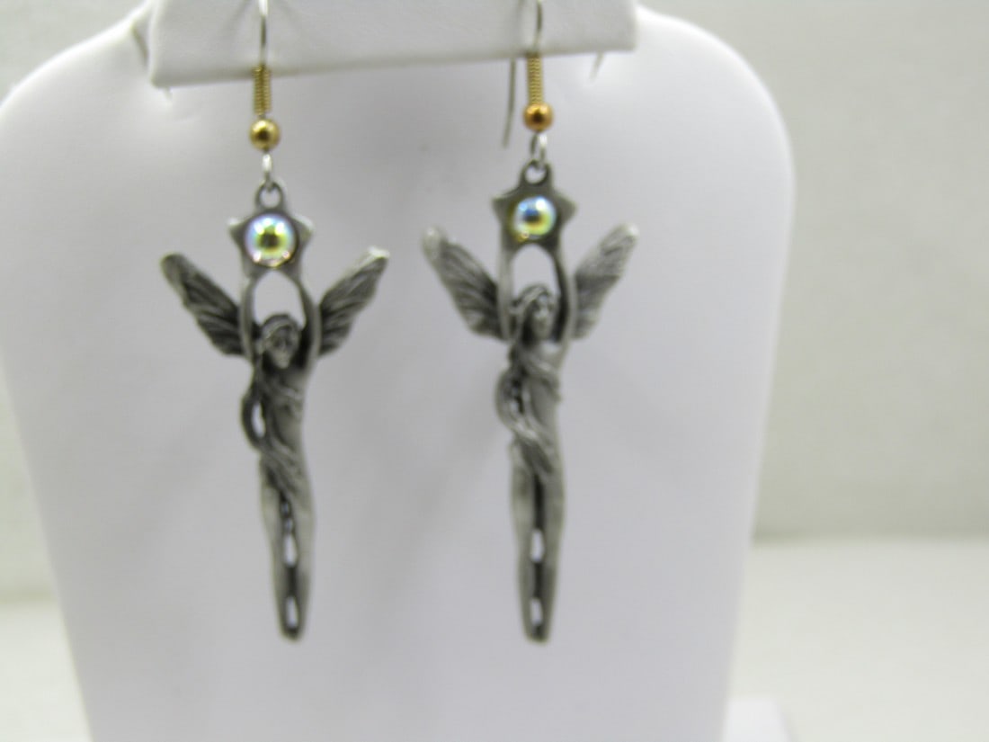 Vintage Long Fairy Earrings, Aurora Borealis Orb, Signed FMT, 1990's (1 of 5)