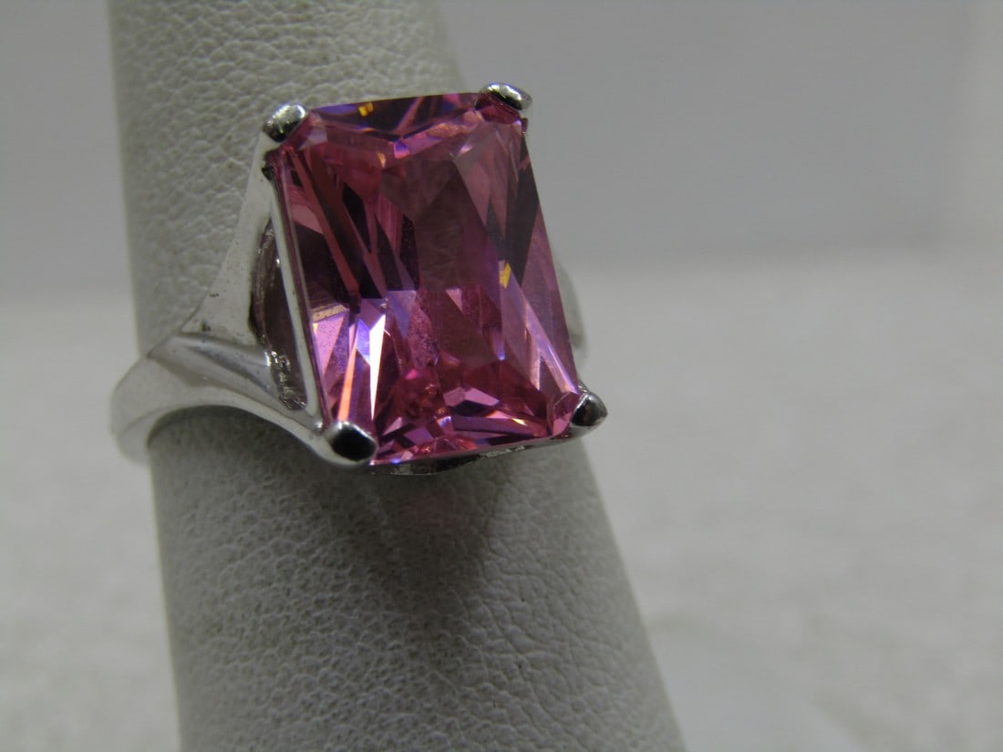 Large Pink Stone Ring, Sz. 7.5, Silver Tone (1 of 8)