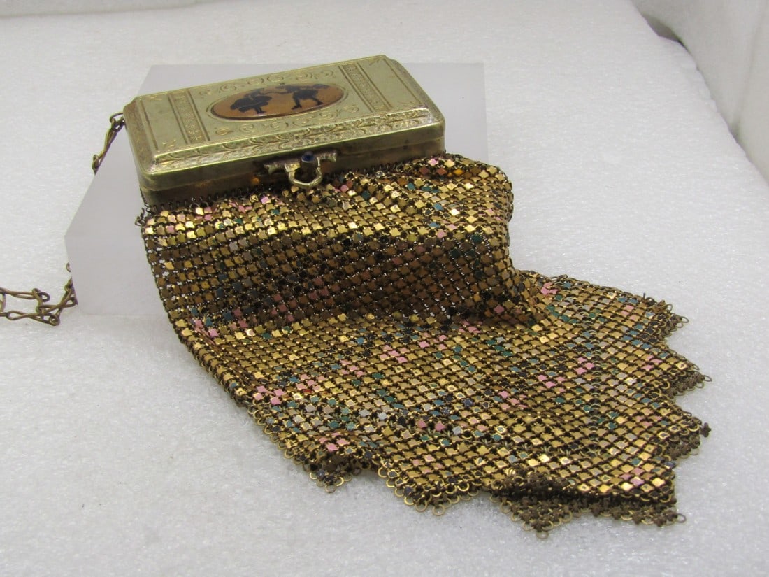 Vintage 1920's Mesh Purse with Compact, Signed Whiting & Davis, Flapper Purse: Vintage 1920's Mesh Purse with Compact, Signed Whiting & Davis with an appx. 12" figure eight link metal strap. This art deco designed purse with a 3: by 2" compact on top showing two woman dancing in