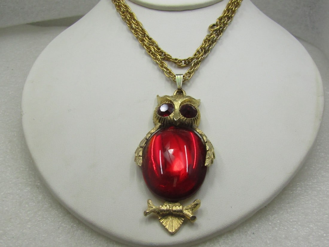 Vintage Red Glass & Rhinestone Owl Necklace, 1960's, 24" (1 of 4)