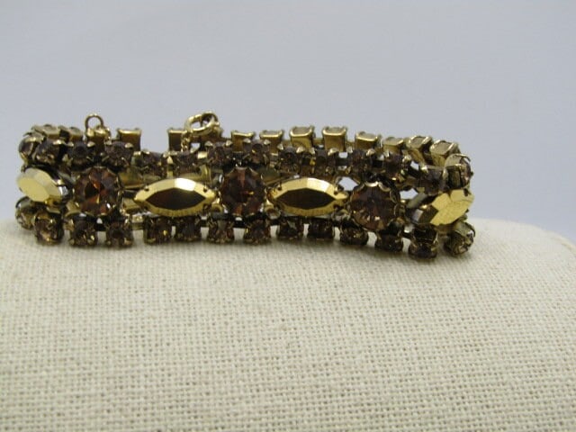 Vintage Metallic Gold Tone Rhinestone Bracelet, Art Deco, Safety Chain, 6.5" (1 of 8)
