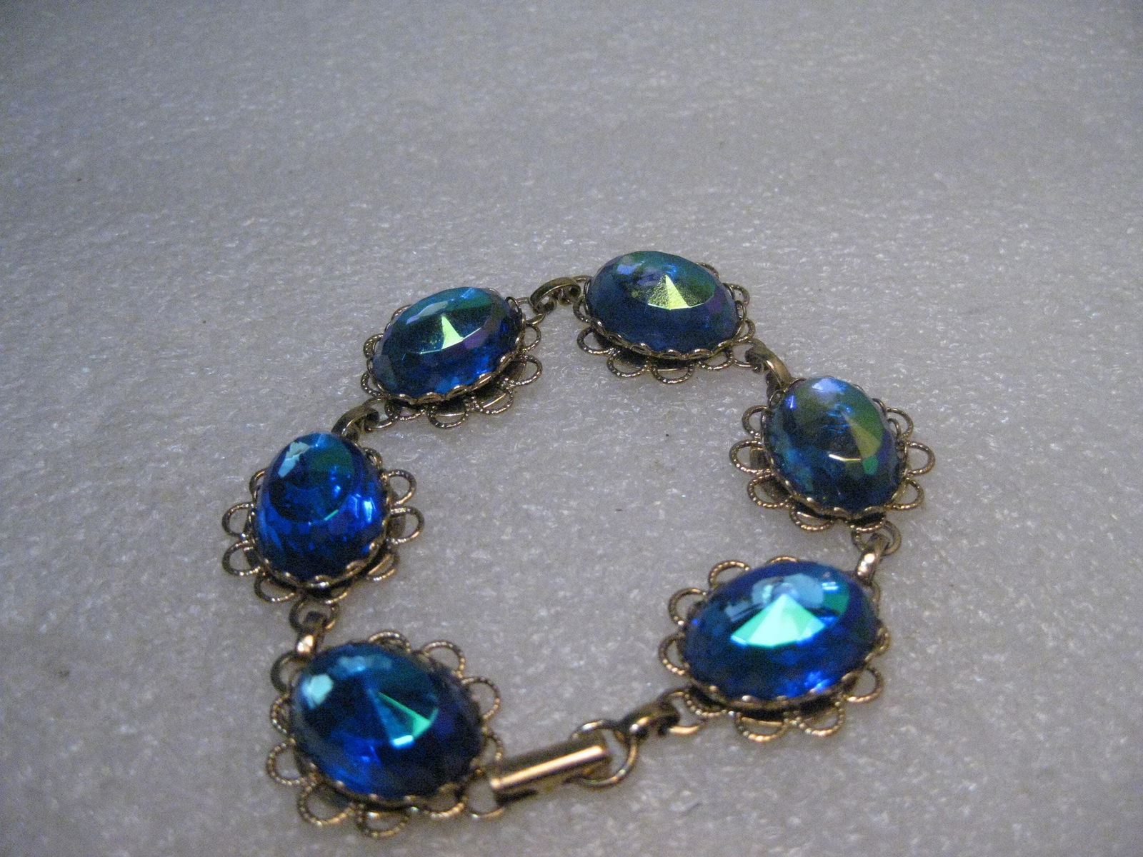 Vintage Filigree Blue Rhinestone Bracelet, Aurora Borealis, 7.5" (1 of 4)