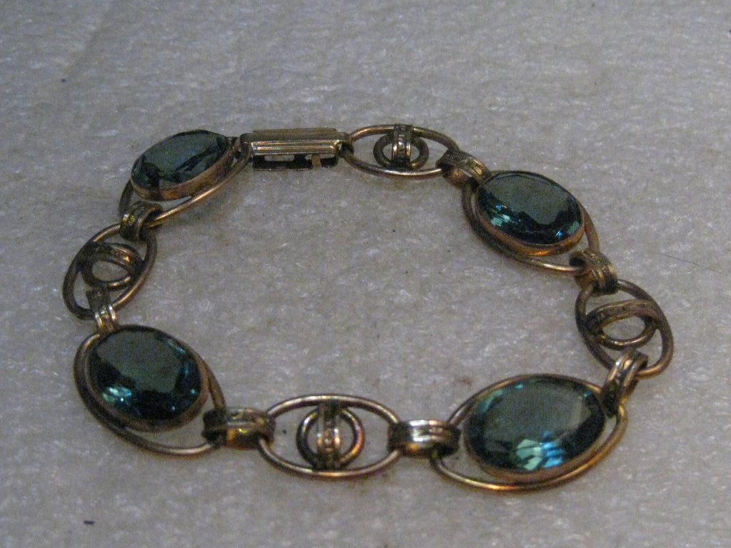 Vintage Art Deco Blue Stone Bracelet, 7" Gold Filled, 1940's, signed (1 of 7)