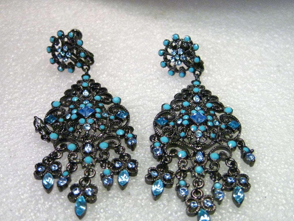 Vintage Joan Rivers Turquoise & Sapphire Colored Black Metal Chandelier Screw Back Earrings, Black (1 of 5)