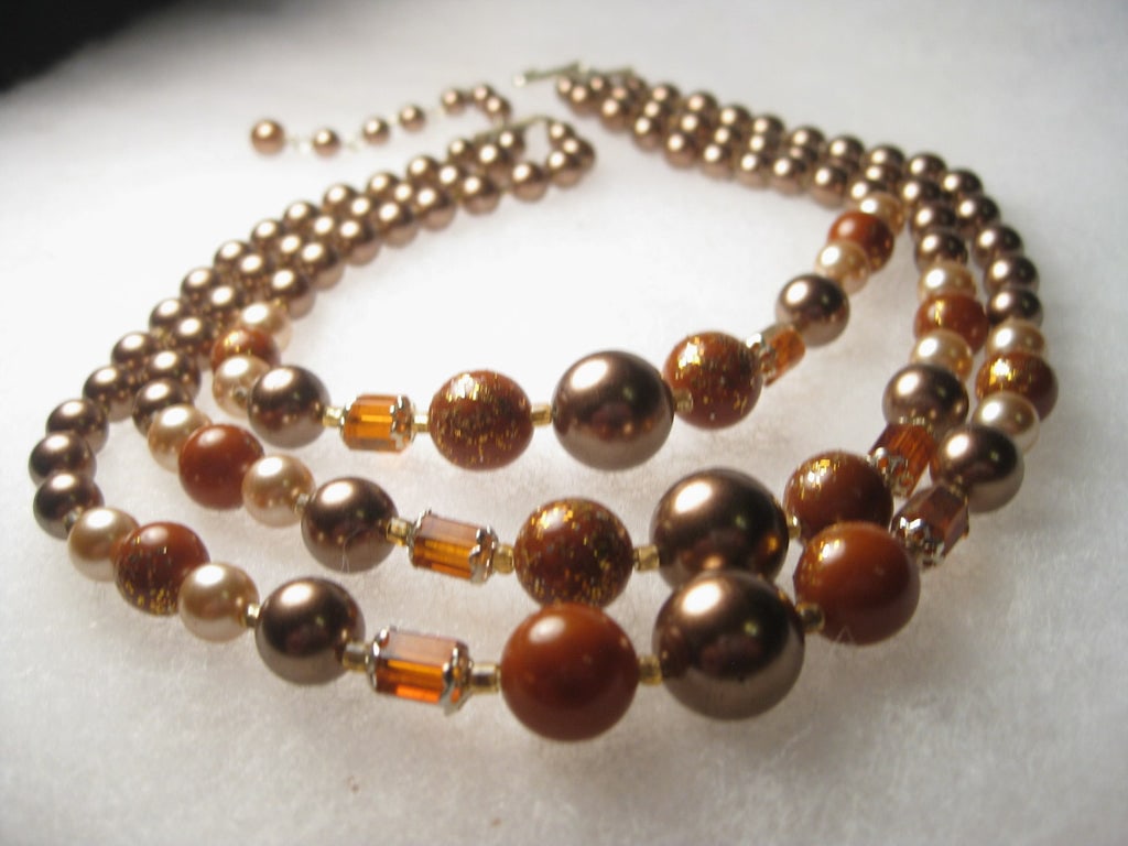 Vintage Mid-Century Multi-Strand Mocha Pearly & Amber Beaded Choker Necklace, Gold Fleck Accents, (1 of 5)