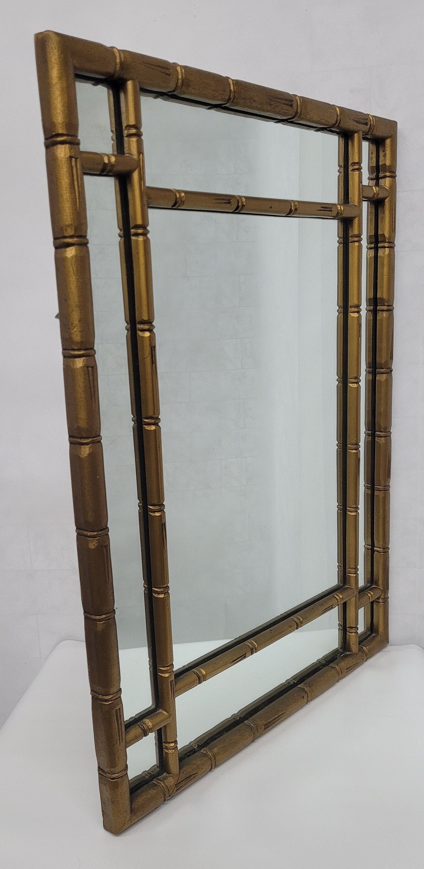 Vintage faux bamboo framed mirror wall hanging hollywood regency (1 of 10)