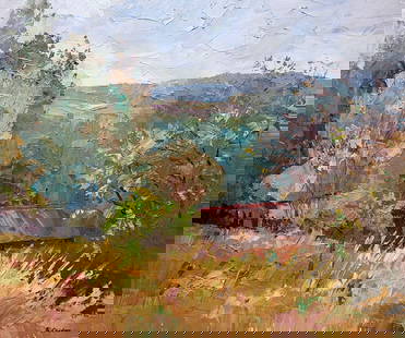 Oil painting Landscape of Bozhok village Serdyuk Boris Petrovich: SERB 890 "Landscape of Bozhok Village" is a captivating oil painting that beautifully captures the essence of an autumn landscape. The artist skillfully weaves together various elements to create a sc