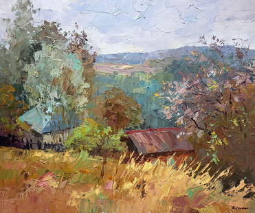 Oil painting Landscape of Bozhok village Serdyuk Boris Petrovich: SERB 890 "Landscape of Bozhok Village" is a captivating oil painting that beautifully captures the essence of an autumn landscape. The artist skillfully weaves together various elements to create a