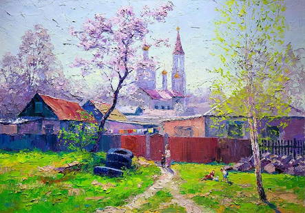 Oil painting April rays Serdyuk Boris Petrovich: SERB 907 "April Rays" is an enchanting oil painting that captures the essence of a serene village landscape during the vibrant days of spring. The canvas comes alive with a picturesque scene that beck