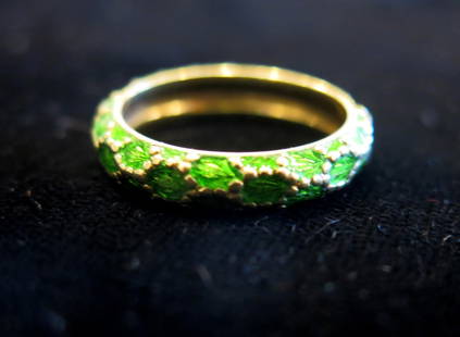 Tiffany & Co. 18k Gold and Enamel Ring: Title: Tiffany & Co. 18k Gold and Enamel RingBrand/Maker: Tiffany & Co.Origin: United StatesDate: ca. 1975Material: Gold, EnamelSize: 7Description: Vintage Tiffany & Co green enamel ring in 18 karat