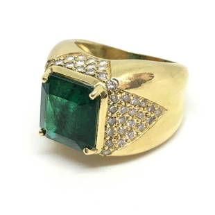 Emerald & Diamond 18K Yellow Gold Cocktail AGL Certified Ring: Natural 7.80CT Emerald 18K Yellow Gold Cocktail Diamond Accented Ring AGL Emerald Weight: 7.80ct Shape: Square Color: Green Weight: 24.2 grams Stone Measurements: 11.35 x 11.12 x 8.28mm Ring