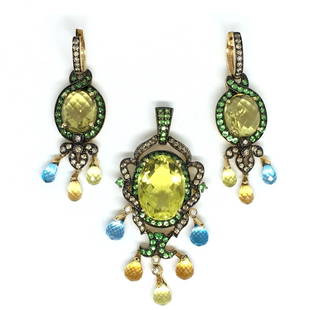 LeVian Crazy 14K Yellow Gold Lemon Quartz Chocolate Diamond Pendant Earrings SET: LeVian Crazy 14K Yellow Gold Lemon Quartz Chocolate Diamond Pendant Earrings SET Le Vian Pendant featuring 12 1/2 cts, Lemon Quartz 2 3/4 cts. Blue Topaz 2 cts. Cinnamon Citrine 3/4 cts. Forest Green
